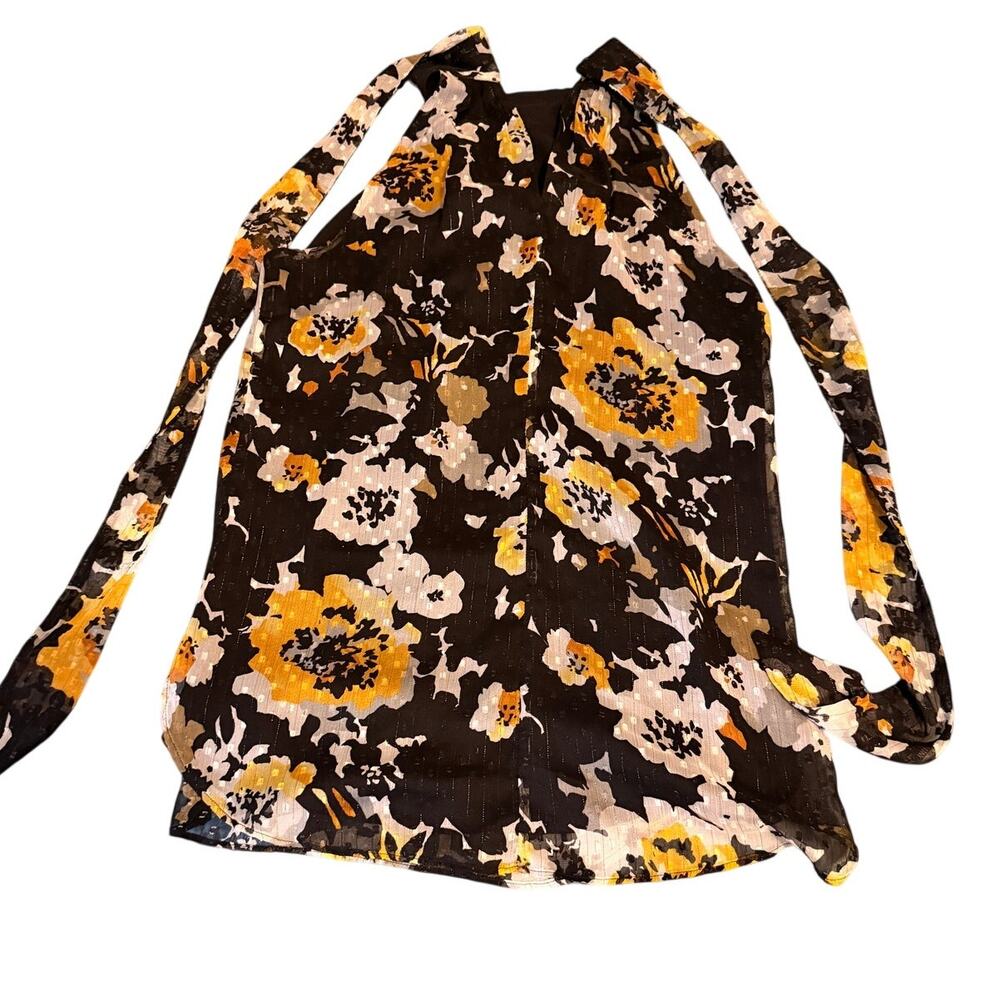 White House Black Market Size 0 Floral Blouse Black Yellow Metallic - Picture 8 of 10